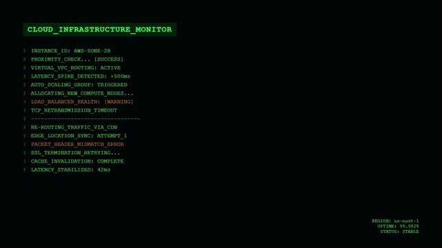 Futuristic Cloud Infrastructure Monitor HUD with Green Digital Command Line Terminal and AWS Server Network Computing Status Monitoring Interface.