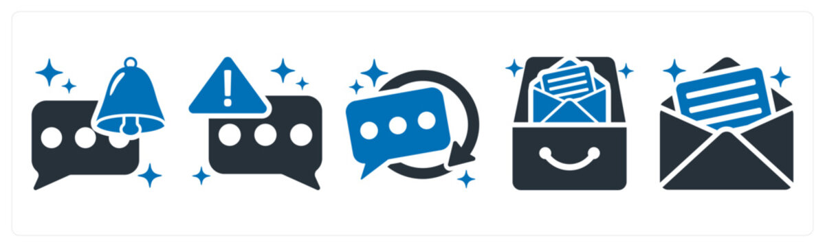 A set of 5 icons as push notification, message alert, reply