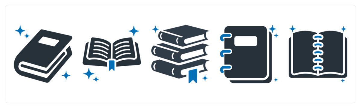 A set of 5 icons as close book, open book, book stack