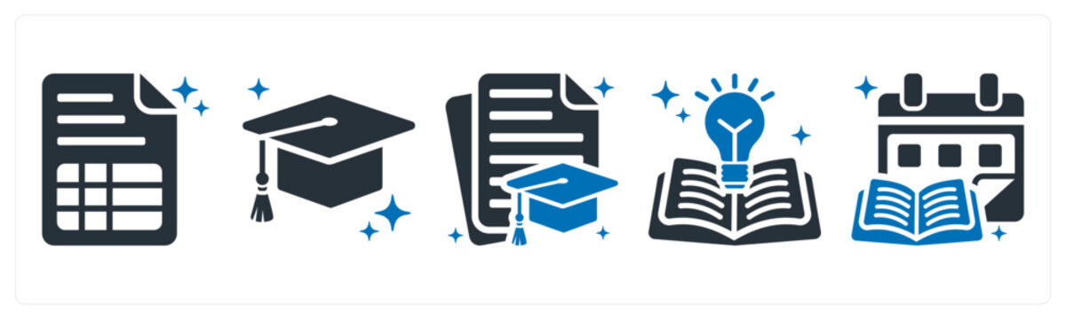 A set of 5 icons as syllabus, graduation cap, curriculum