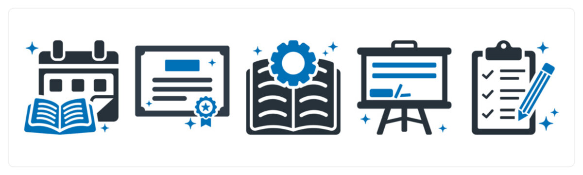 A set of 5 icons as study plan, certificate, module