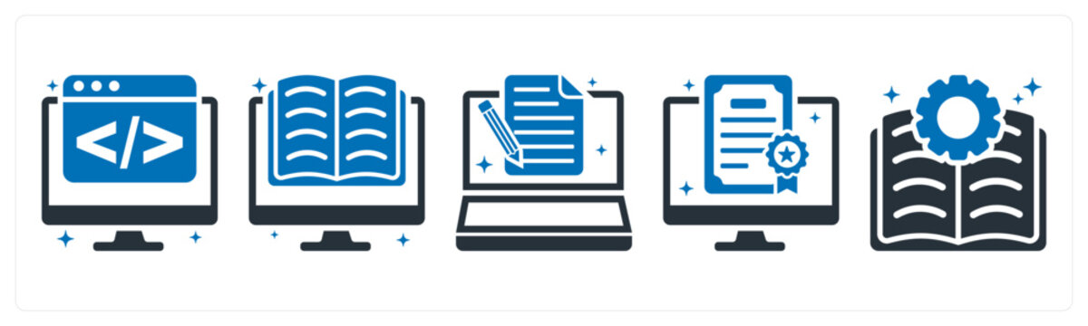 A set of 5 icons as programming, e learning, exam online