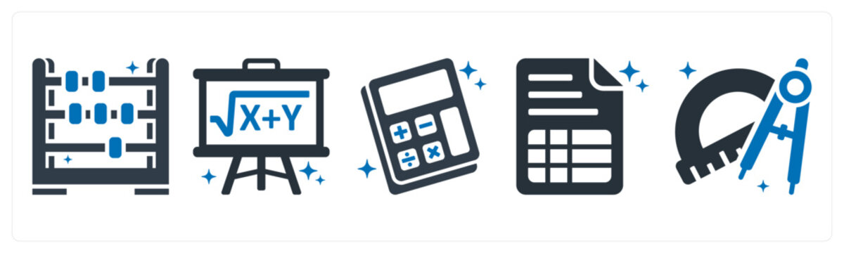 A set of 5 icons as abacus, maths, calculator