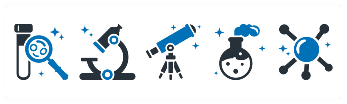 A set of 5 icons as test tube, microscope, telescope