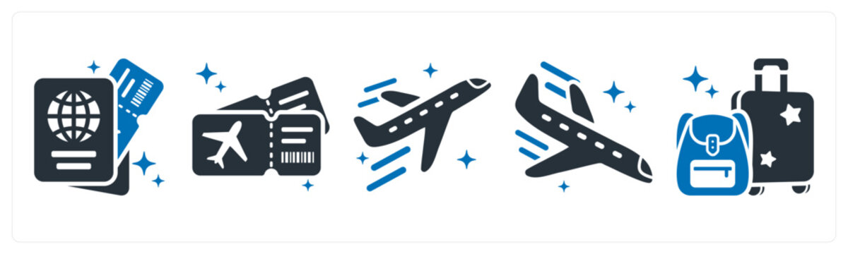 A set of 5 icons as passport, boarding pass, airplane takeoff