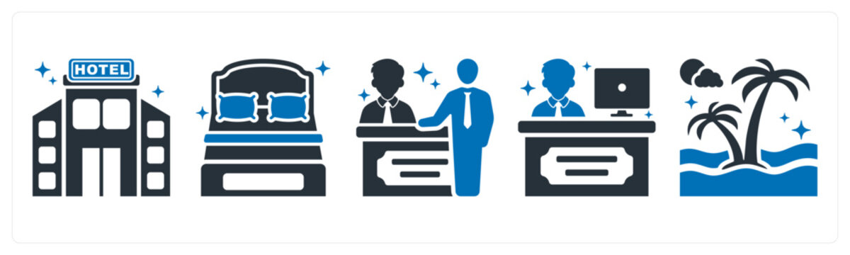 A set of 5 icons as hotel, bed, checkin