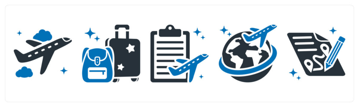 A set of 5 icons as plane, luggage, itinerary