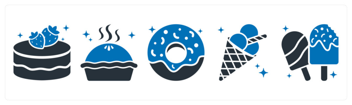 A set of 5 icons as cake, pie, donut