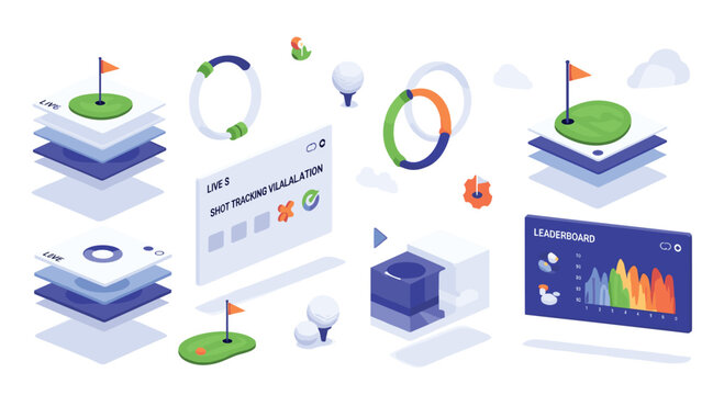Isometric Golf Course and Data Dashboard Elements Set with Charts, Flags, and Layers for Sports, Analytics, and Business Vector DesignsIsometric Golf Course and Data Dashboard Elements 