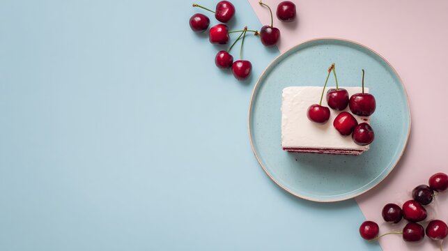 Flat lay with asymmetrical placement of cake and cherries, pale blue background, modern composition