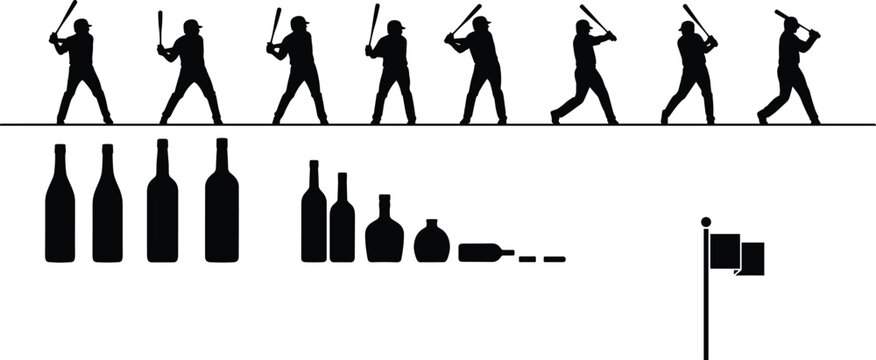 Baseball Player Swing Silhouettes with Bottle Icons and Flag Illustration Representing Sports, Beverage Industry and Signal Concept
