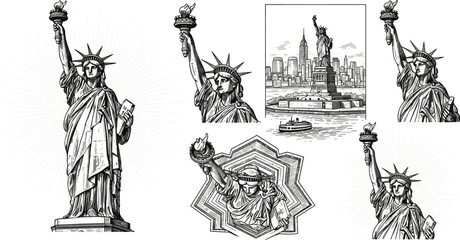 Vintage Black and White Statue of Liberty Engraving Icon Set with New York Skyline and Classic American Landmark IllustrationsVintage Black and White Statue of Liberty Engraving Icon Set with  © Md