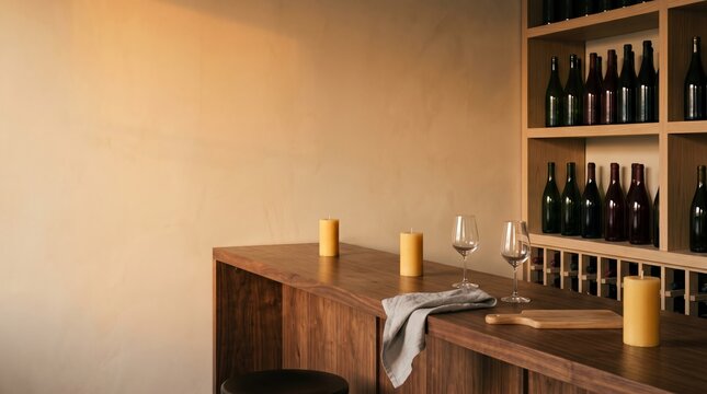 Wine bar counter with candles and bottles