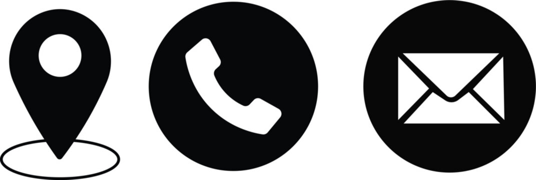 black icons for location, phone, and email
