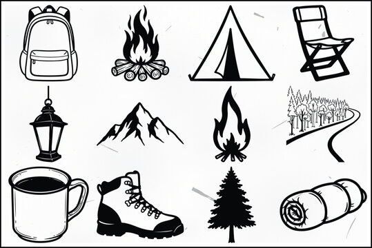 Camping and hiking icons and travel symbols set