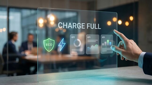 Hand interacting with a futuristic transparent screen showing "charge full" with an "eco" shield a lightning bolt, and various data charts, in a blurred office setting, signifying complete charging