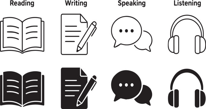 Language Proficiency and Communication Skills Icon Set Featuring Reading Book Writing Pen Speaking Bubbles and Listening Headphones Icons in Minimalist Black and White Vector Style.