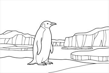 Penguin Standing on Ice with Arctic Glacier Background Line Art Illustration © la vanya