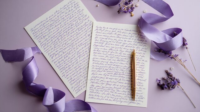 Flat lay of handwritten wedding vows on paper, pastel lavender surface, pen and ribbon included, romantic storytelling composition