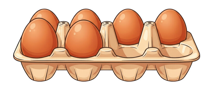 Carton of six brown eggs in clear plastic packaging on white background