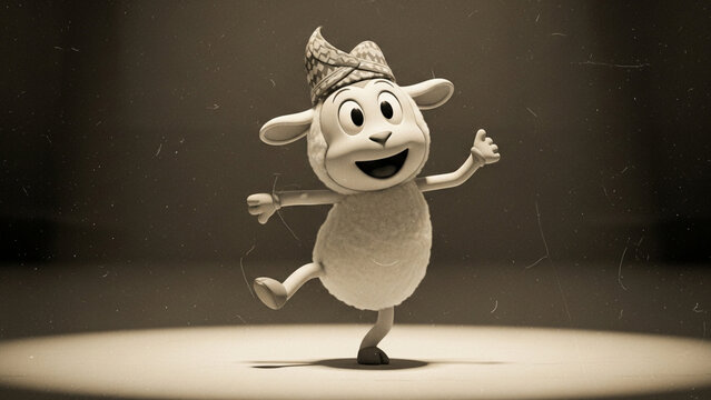 Joyful 3D Animated Sheep Character Dancing on a Vintage Stage Under a Dramatic Spotlight, Sepia Toned Nostalgic Film Style, AI Generated Illustration
