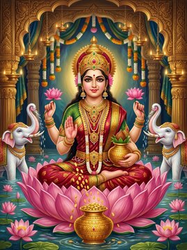 Divine wealth goddess lakshmi on a pink lotus in tranquil ambiance