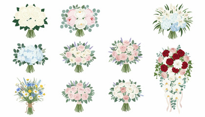 Obraz premium Elegant Wedding Bouquet Collection with Roses Peonies Hydrangeas and Lilies - Floral Illustrations Set for Invitations Greeting Cards and Romantic Event Design