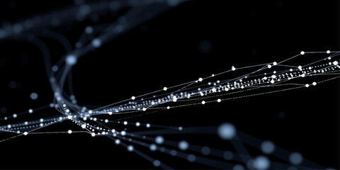An abstract motion design featuring bright glowing light trails across a dark bridge at night with blue energy waves and magic star shapes on a black technology background wallpaper © HMRabiul