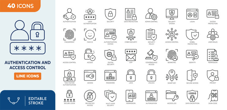 Authentication and access control icon set. containing  authorization, login security, data protection, biometric, encryption, identity management, and more.  Editable stroke. Vector illustration