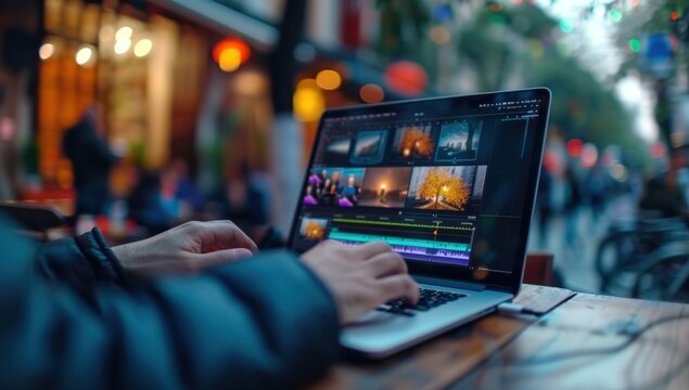 Hands editing video on laptop at outdoor cafe, vibrant urban lights bokeh background
