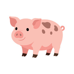 Fototapeta premium A cartoon pig with light pink skin stands with its head turned forward and several brown spots appear on its body.