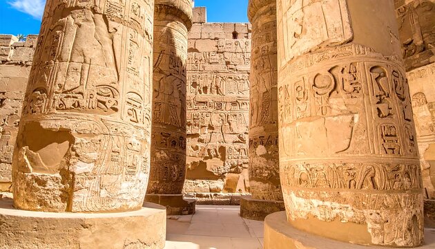Ancient sandstone columns with carved hieroglyphs stand tall within a weathered structure, bathed in sunlight. Detail shows intricate patterns