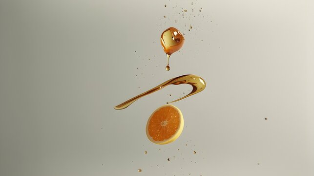 Honey dripping on orange slice, golden liquid flow