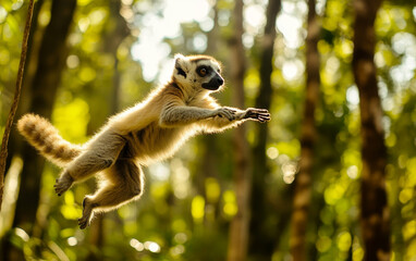Fototapeta premium Ring-tailed lemur in mid-leap between trees, showcasing its agility and distinctive striped tail against a sunlit, lush green forest background