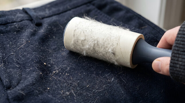Close-up of a Hand Using a Lint Roller to Clean Pet Hair from Dark Fabric Clothing