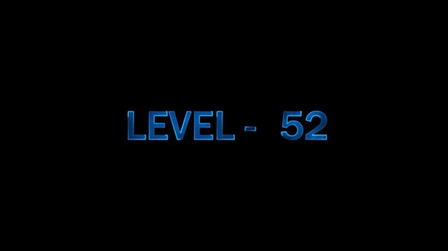 Level 52 blue neon text animation with glass texture appearing on dark background with glow effect