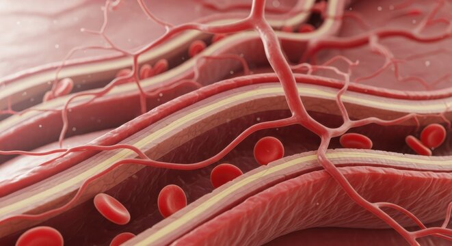 Detailed illustration of blood circulation through capillaries