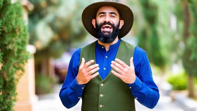 Tracking shot of man tipping hat and speaking while walking along outdoor garden walkway with trees and blurred background