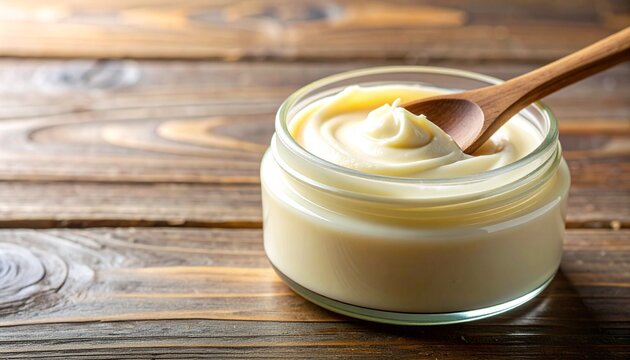 Close-up of a luxurious body butter jar with a wooden spoon partially submerged