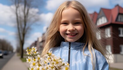 Fototapeta premium A young girl smiling and holding flowers on a suburban street