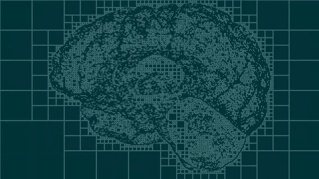 Abstract digital representation of a human brain rendered with fragmented pixels within a grid structure, symbolizing artificial intelligence and neural networks
