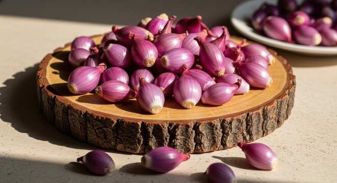 Fresh red shallots on a rustic wooden board