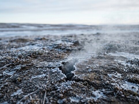 Methane gas escaping from permafrost soil, climate change concept, frozen landscape