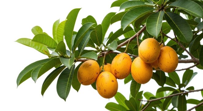 Tropical mamey sapote fruit hanging on tree branch, fresh yellow sapodilla fruits with green leaves, exotic harvest on white background