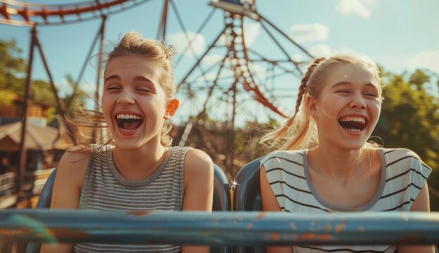 Excited young women scream with joy on a fast roller coaster ride at an amusement park