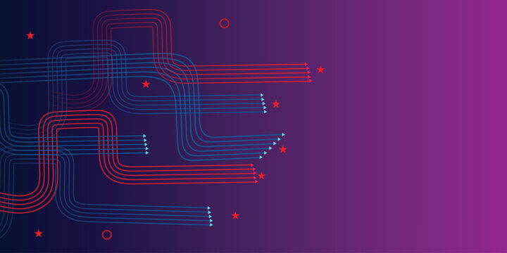 Abstract tech data flow background with red and cyan curved arrows on dark navy, modern direction lines pattern for web banner copy space template HD