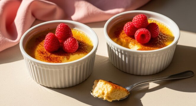 Two ramekins of creme brulee with fresh raspberries and a spoon with a bite, on a light background with a pink napkin