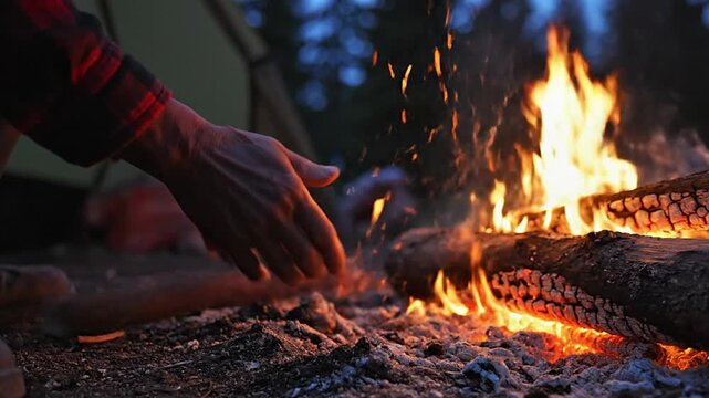 Close-up of hands tending a bright campfire at night, providing warmth and a cozy ambiance. Ideal for outdoor leisure, camping, relaxation, and nature adventure concepts. Wilderness experience.