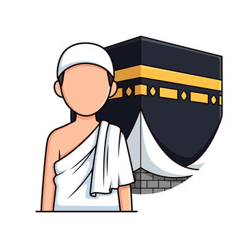 A haji in white attire stands before the Kaaba during Hajj, performing qurban rituals.
