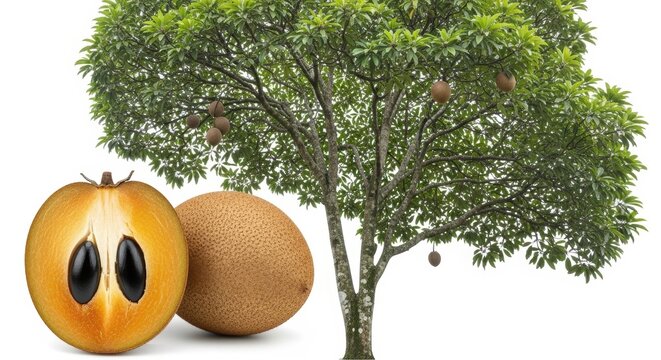 Fresh sapodilla fruit and sapota tree, tropical chiku fruit with brown skin and black seeds, exotic manilkara zapota on white background